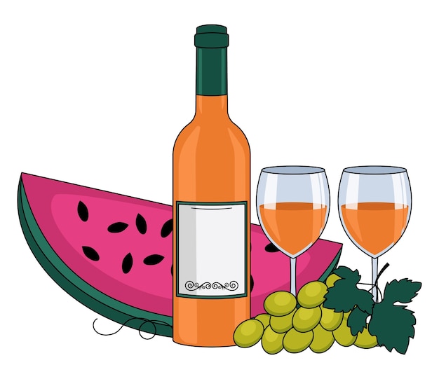 Flasche orange-wein-wein in gläsern wassermelone und trauben mit einer umriss-vektorgrafik