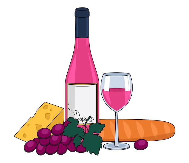 Flasche Rosenweinwein in einem Glas Käse-Baguette und Traube mit einer Umriss-Vektorgrafik