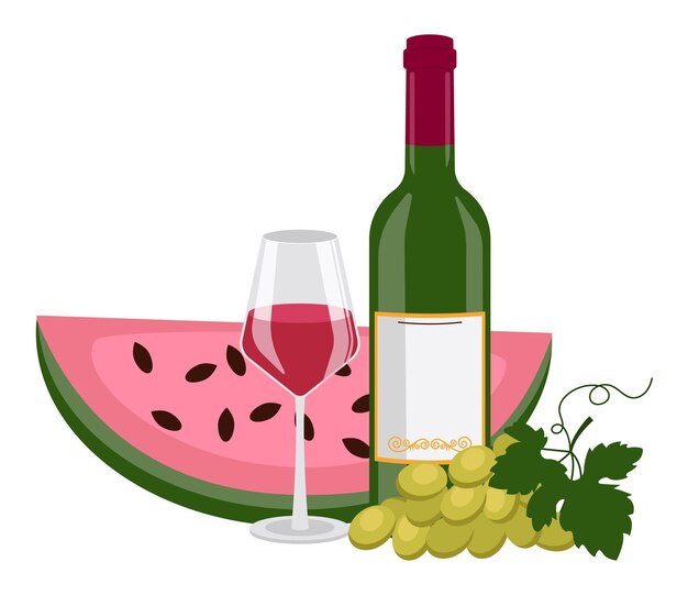 Flasche Rotwein im Glas Wassermelone und Traubenvektorgrafik