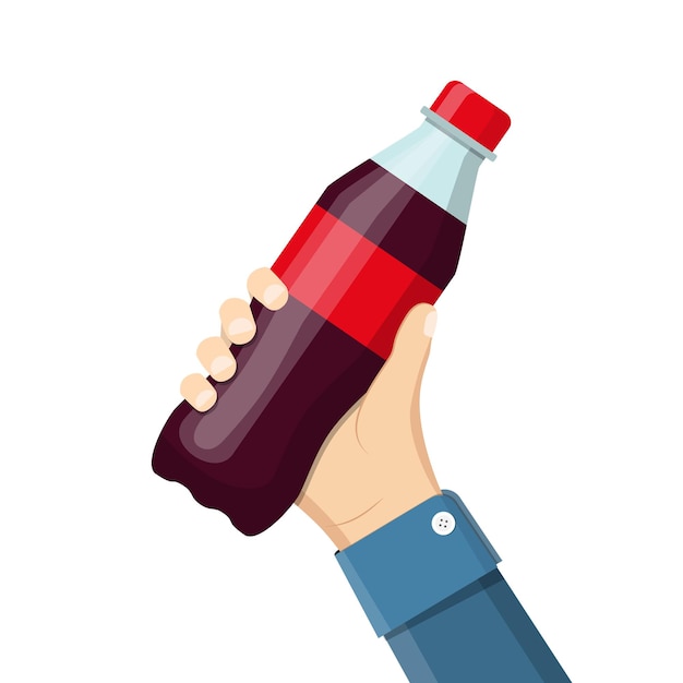 Flasche Soda in der Hand halten. Cola in Plastikflasche.