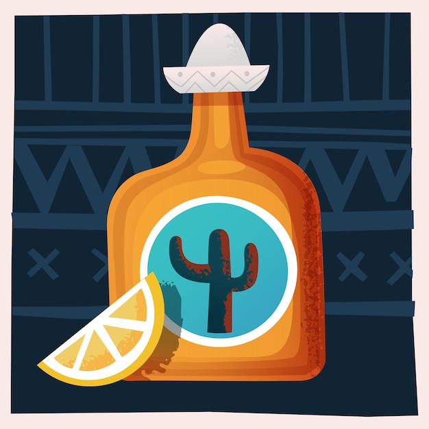 Vektor flasche tequila mit einer zitronenscheibe vektor-illustration