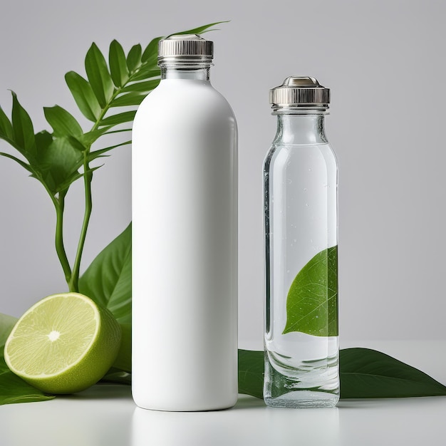 Flasche wasser und frischer kalk mit minzblättern auf grauem hintergrund flasche water und frischer limette