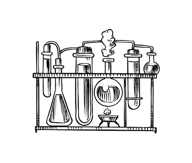 Vektor flaschen für chemische experimente laborstillleben glasgeräte alchemie glaswaren für