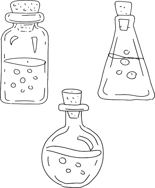 Flaschen magische Flaschen Gläser handgezeichnete Skizze Doodle Set groß separat auf weißem Hintergrund