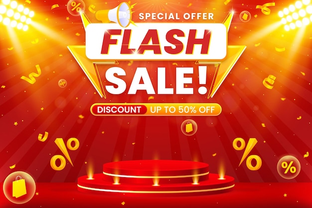 Flash-Verkaufs-Sonderangebot Banner-Design-Vorlage Hintergrund mit Podium