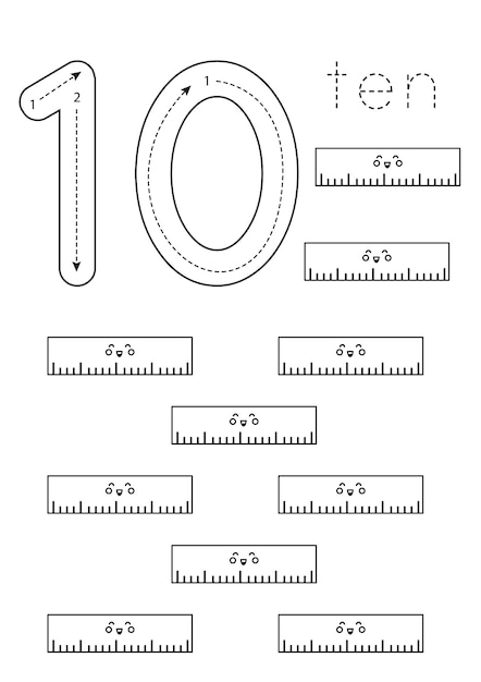 Vektor flashcard nummer 10 vorschularbeitsblatt schwarze und weiße lineale