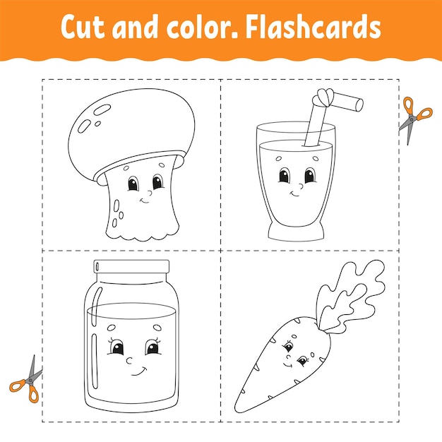 Flashcard-set ausschneiden und ausmalen malbuch für kinder niedliche zeichentrickfigur schwarze kontursilhouette