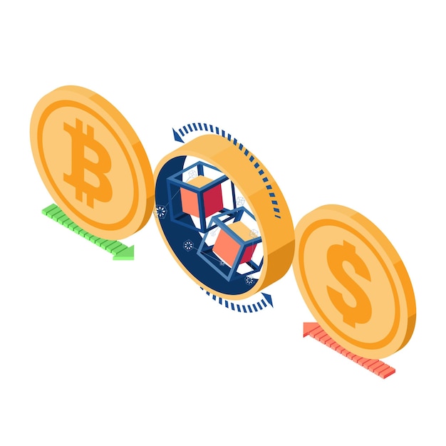 Vektor flat 3d isometric bitcoin und dollar coin exchange durch blockchain bitcoin und cryptocurrency exchange platform