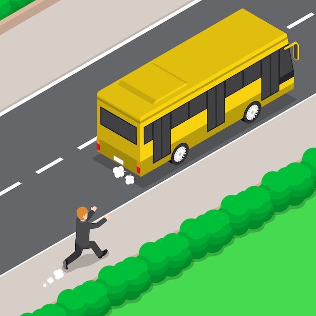 Flat 3d isometric businessman läuft folgen sie dem bus