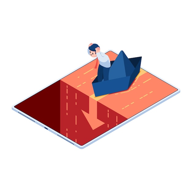 Flat 3d isometric geschäftsmann auf einem papierschiff auf dem weg zum wasserfall des roten ozeans markt und geschäftskrisenkonzept