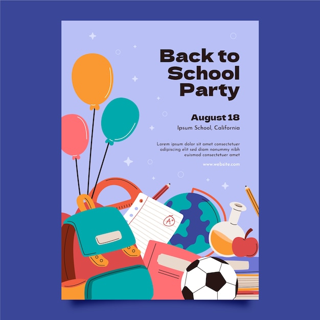 Flat Back to School Party Poster Vorlage mit Büchertasche und Luftballons