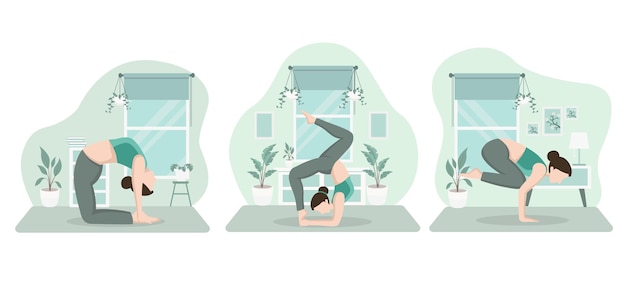 Flat bundle illustration yoga-posen im modernen innendesign