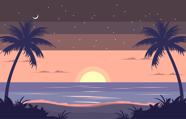 Flat design von sea nature view mit tropischen palmen in der nacht