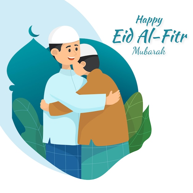 Flat happy eid alfitr eid mubarak muslim, der sich umarmt