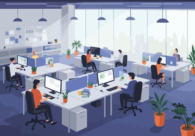 Flat illsutration des modernen OpenPlan-Büros mit Fachleuten, die an Schreibtischen arbeiten, stilvoller Arbeitsplatz