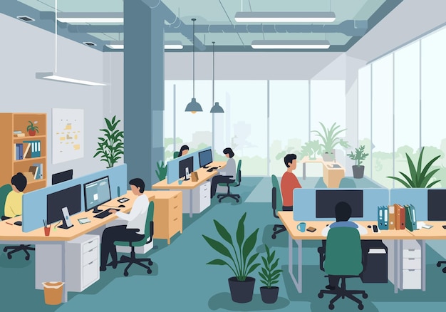 Flat illsutration des modernen OpenPlan-Büros mit Fachleuten, die an Schreibtischen arbeiten, stilvoller Arbeitsplatz