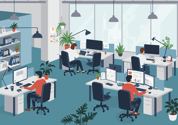 Flat illsutration des modernen OpenPlan-Büros mit Fachleuten, die an Schreibtischen arbeiten, stilvoller Arbeitsplatz
