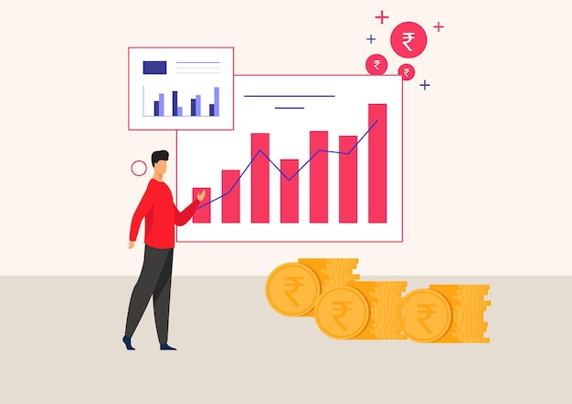 Flat-illustration des geschäfts analyst studiert finanzdiagramm mit hintergrund von goldmünzen