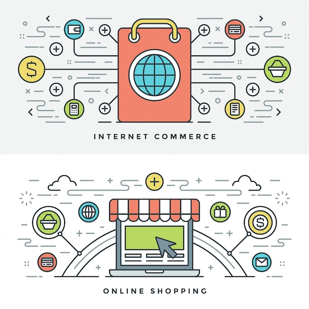 Flat line internet commerce und online-shopping. vektor-illustration