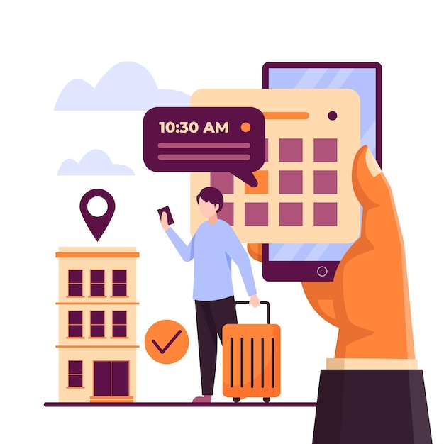 Vektor flat online termin- und buchungs-app für touristen und hotels finden