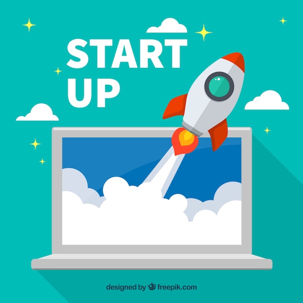 Flat start-up-konzept mit rakete und laptop