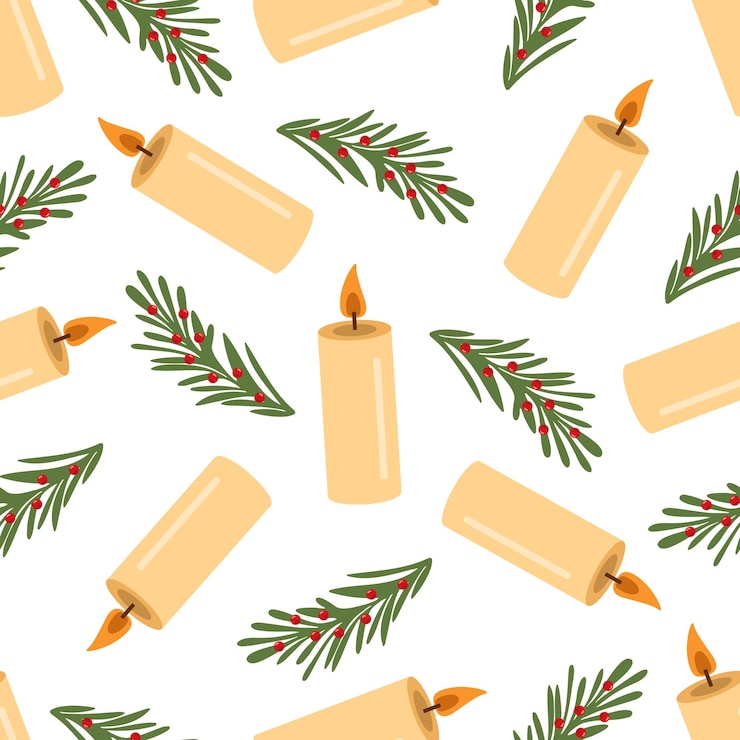 Vektor flat-stil brennende kerze mit weihnachtszweigen mit roten beeren nahtloses muster