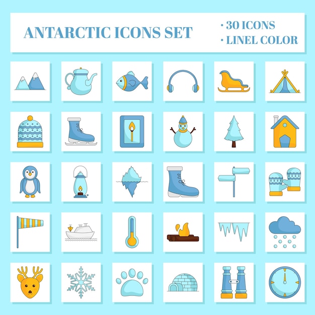 Flat style arktis oder antarktis 30 symbolsatz im blauen hintergrund