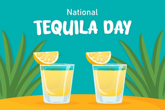 Flatt-Vektor-Illustration des Nationalen Tequila-Tages mit Tequilashots und Zitronen