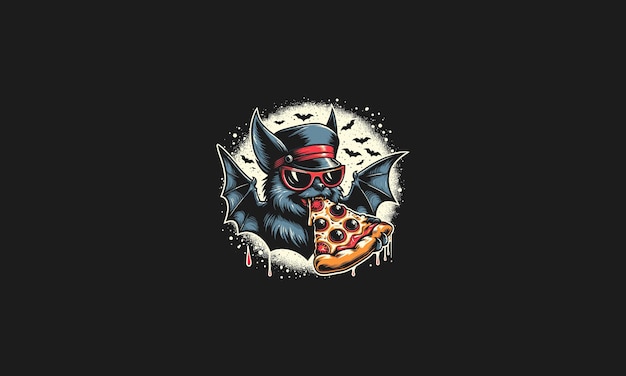 Fledermaus trägt einen hut, isst pizza, vektorillustration, flaches design