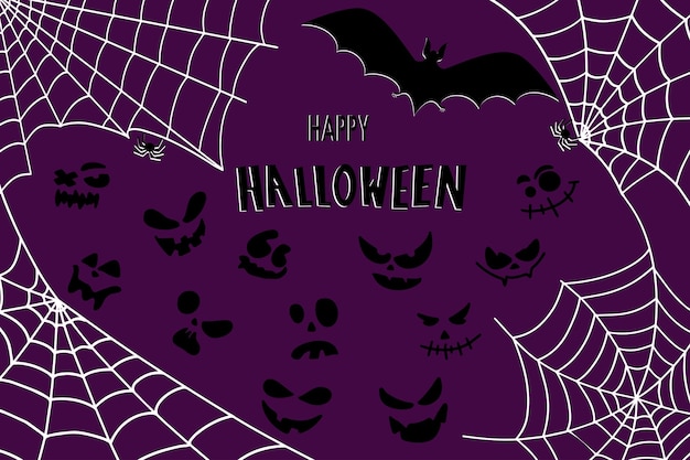 Fledermausnetz und Kürbisse Halloween-Hintergrund mit Fledermaus und handgezeichneten Kürbissen