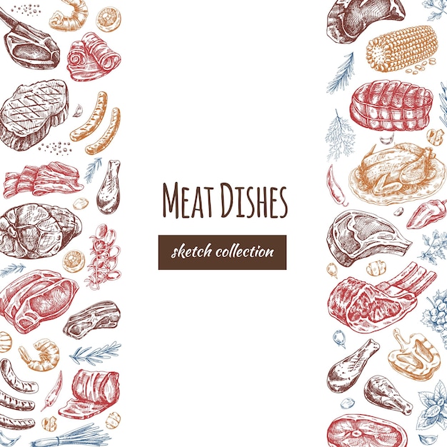 Fleisch- und Gemüsemenu-Vorlage in eingraviertem Stil farbige Skizzen von Grillfleischstücken