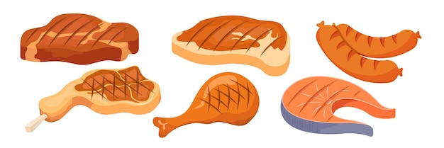 Vektor fleischfilet cartoon-metzgerei-steaks vom grill gekocht gegrilltes gebratenes schweinefleisch rohes rinderrippchen lammfilet frische produkte konzept vektor-set metzgerei-steak-illustration