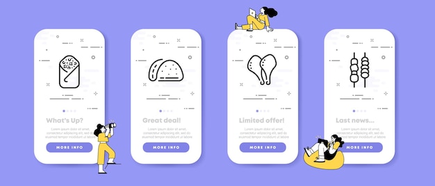 Fleischgerichte set icon shawarma tacos hähnchenkeulen kebab grill fett fast food lecker essen konzept ui telefon app bildschirme mit menschen vektorzeilensymbol für business und werbung