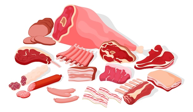 Vektor fleischprodukte liegen auf weißem hintergrund eine reihe von illustrationen für eine metzgerei rindersteak schweinefleisch