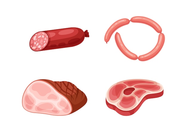 Vektor fleischstücke set würstchen und rindfleisch schweinefleisch speck natural und bio-lebensmittel und essen sticker für soziale netzwerke cartoon flache vektor-sammlung isoliert auf weißem hintergrund