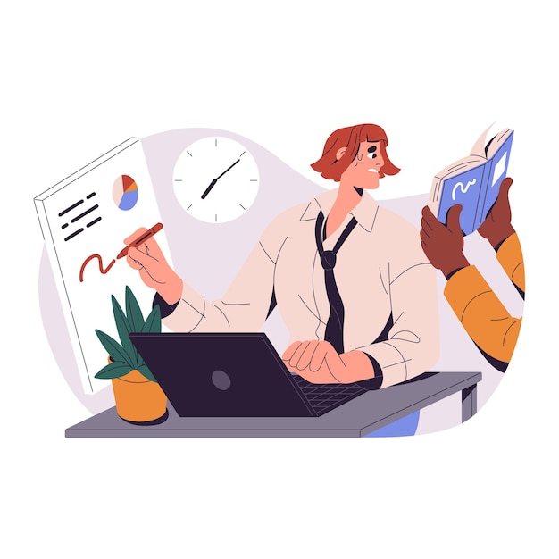 Fleißiger Büroangestellter versucht, seine Aufmerksamkeit auf viele Aufgaben zu konzentrieren Beschäftigter arbeitet in Multitasking Zeitmanagement Fristkonzept Flache isolierte Vektorillustration auf weiß