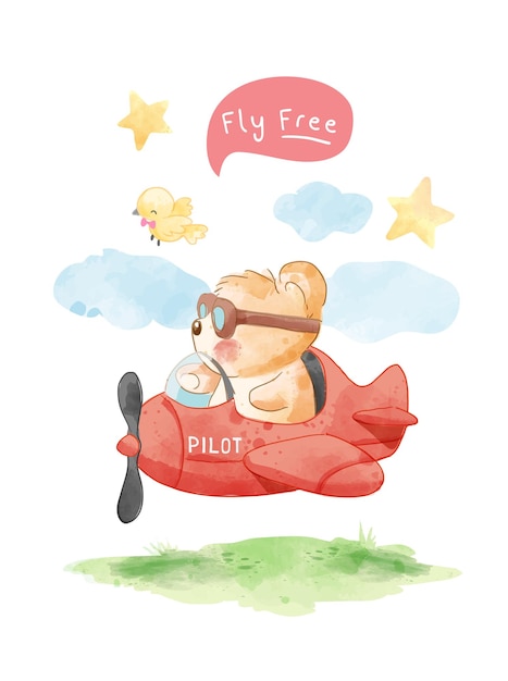 Vektor fliege freier slogan mit cartoon-bär auf fliegender flugzeugillustration