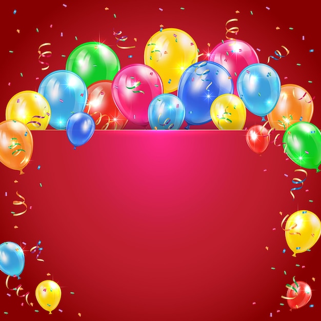 Fliegende farbige Ballone auf rotem Feiertagshintergrund mit Ausläuferillustration