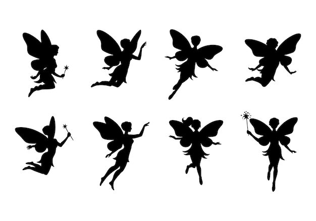 Fliegende Feen-Silhouette-Sammlung magische Fantasy-Figuren mit Flügeln und Zauberstabs Vektorillustration