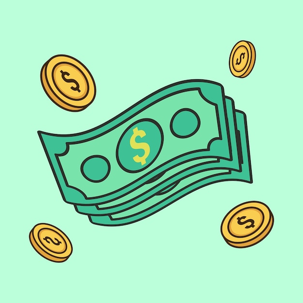 Fliegende Geld-Dollar-Scheine Bargeld und goldene Münze Cartoon-Symbol Vektor-Illustration Geschäfts- und Finanzobjektkonzept isolierter Vektor
