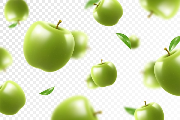 Fliegende grüne saftige Äpfel Heller Hintergrund fallende Äpfel realistisches Seitendesign