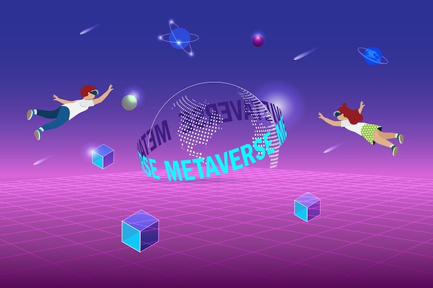 Fliegende kinder erleben metaverse-simulationstechnologie in der weltraum- und universumsumgebung