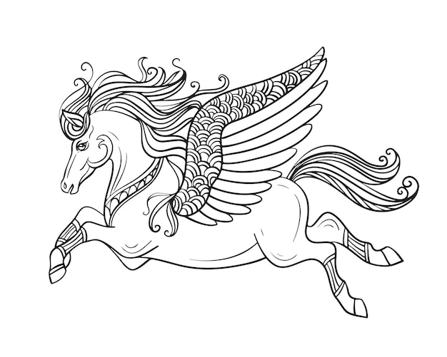 Vektor fliegende pegasus-vektorillustration-malbuchseite