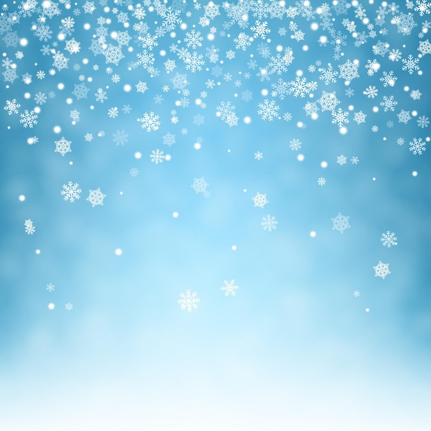 Fliegende Schneeflocken auf hellblauem Hintergrund. Winter Abstrakte Schneeflocken. Fallender Schnee. Vektor-Illustration