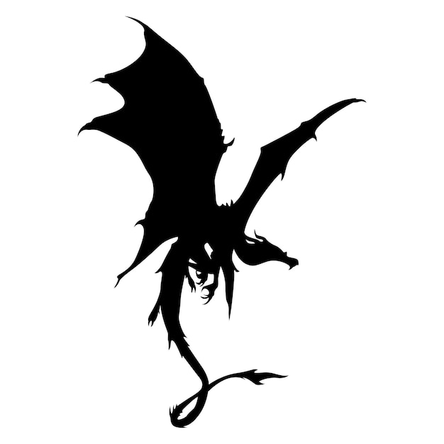 Fliegende schwarze drachensilhouette isoliert auf weißem hintergrund. handgezeichnete vektorsilhouette eines drachen