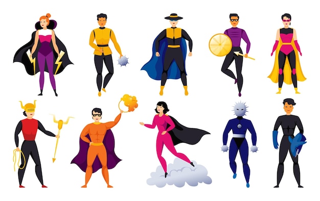 Fliegende Superhelden Frau und Mann in Comic-Superheldenkostümen mit Umhang und Masken Superwoman-Charaktere Starke muskulöse Personen Mensch in tapferen Posen Vektor Gerechtigkeitsverteidiger Set