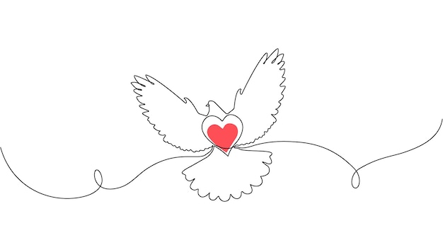 Fliegende taube mit herz valentinstag ein zeilenzieh-logo bearbeitbarer aktiver stroke-vektor