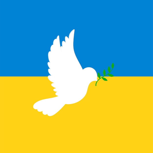 Fliegende Taube mit Olivenzweig auf dem Hintergrund der Flagge der Ukraine Stoppt den Krieg Kein Krieg