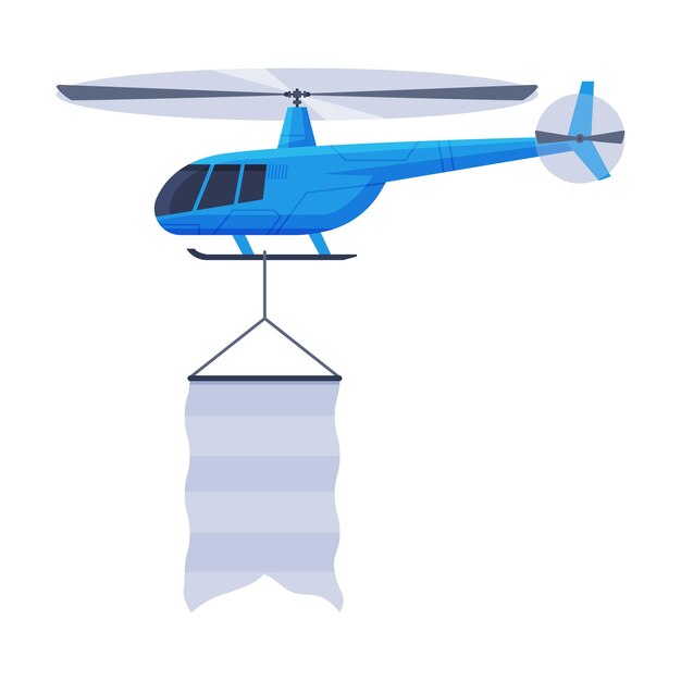 Vektor fliegender hubschrauber mit leerem banner luftfahrzeug mit weißer flagge flachvektor-illustration