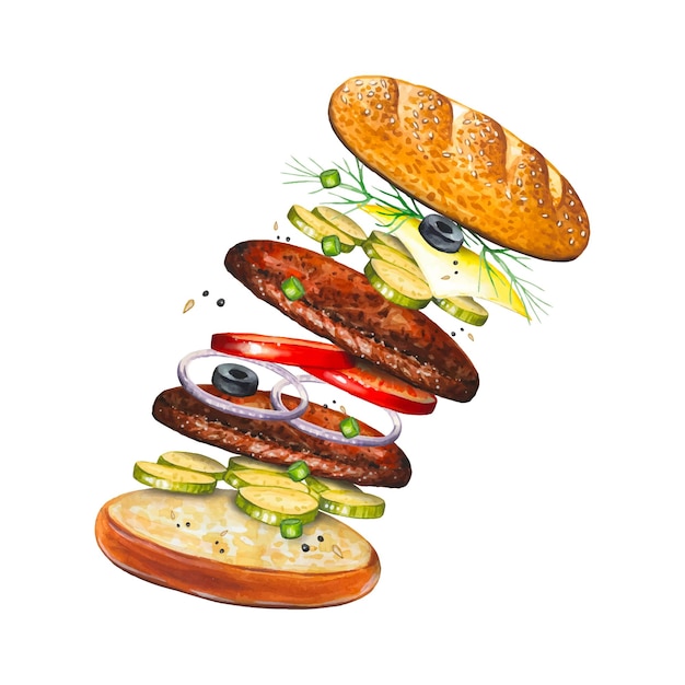 Vektor fliegender leckerer burger mit zutaten, aquarell-fastfood-illustration